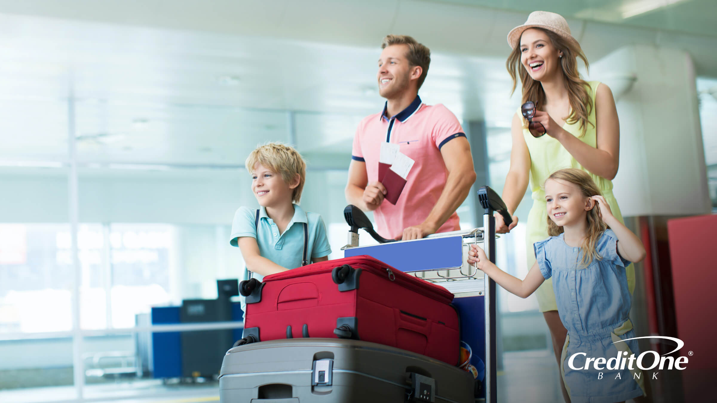 Family of four at the airport about to go on vacation