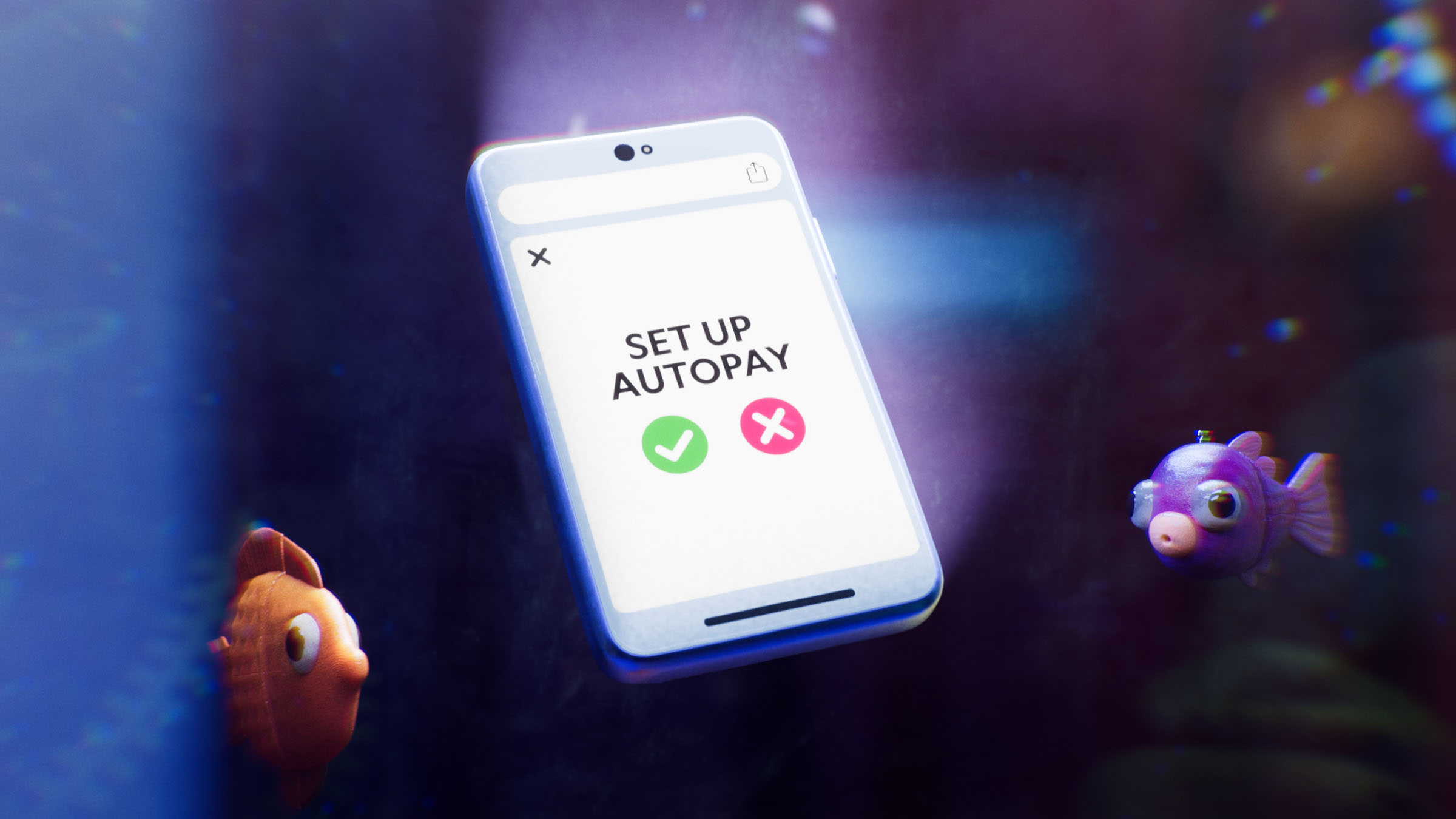 Credit Wreckers: Max Out & Miss Payment as fish swimming by a phone asking to setup Autopay